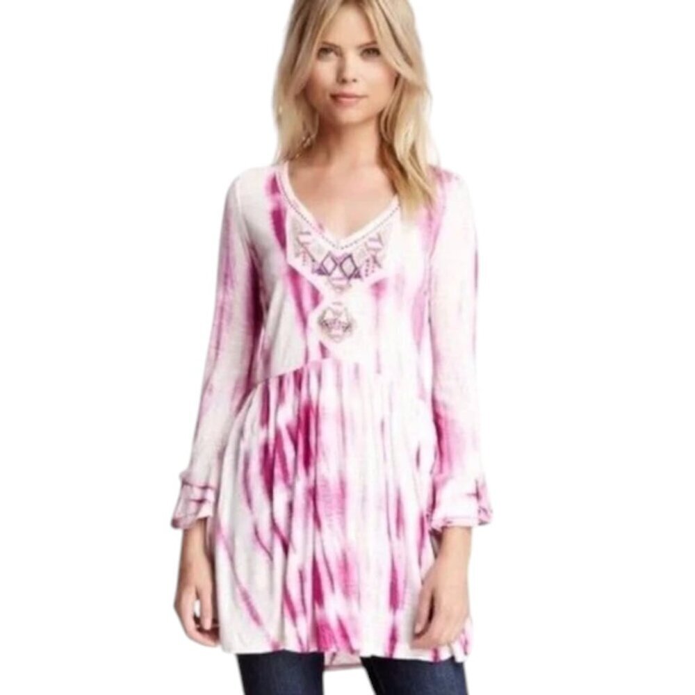 Free People Sun Up Beaded V Neck Tunic Dress Berry Combo
